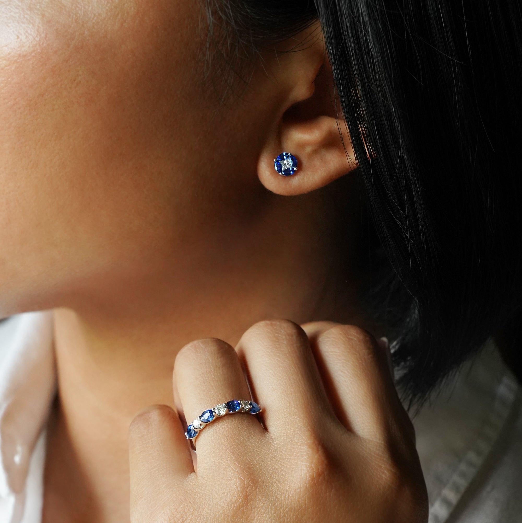 Marquise Blue Sapphire & Diamond Earrings - Solid 18K White Gold | BITS OF BALI JEWELRY