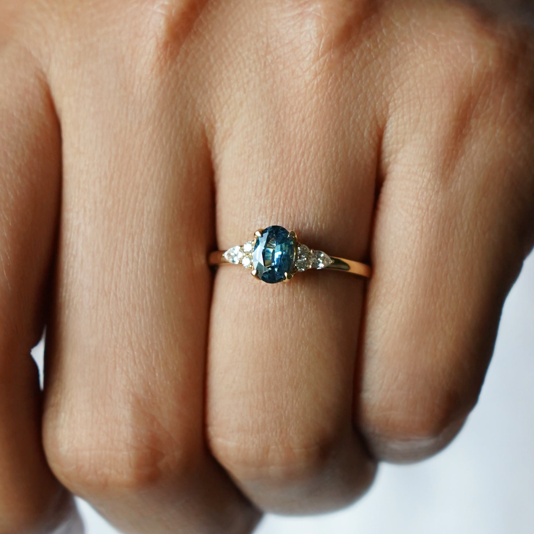 Teal Sapphire With Six Side Diamond Ring - Solid 18K Yellow Gold | BITS OF BALI JEWELRY