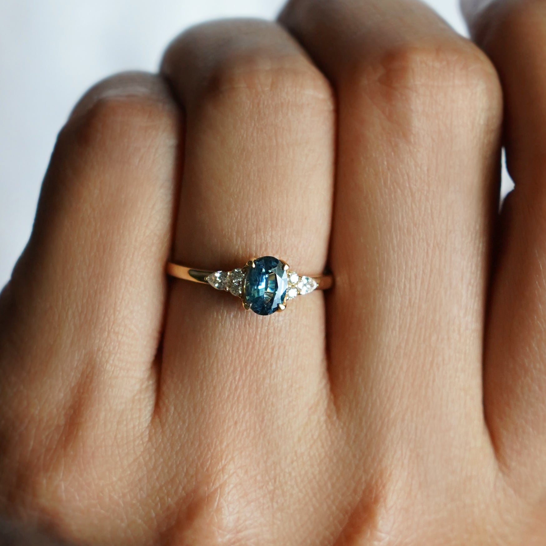 Teal Sapphire With Six Side Diamond Ring - Solid 18K Yellow Gold | BITS OF BALI JEWELRY