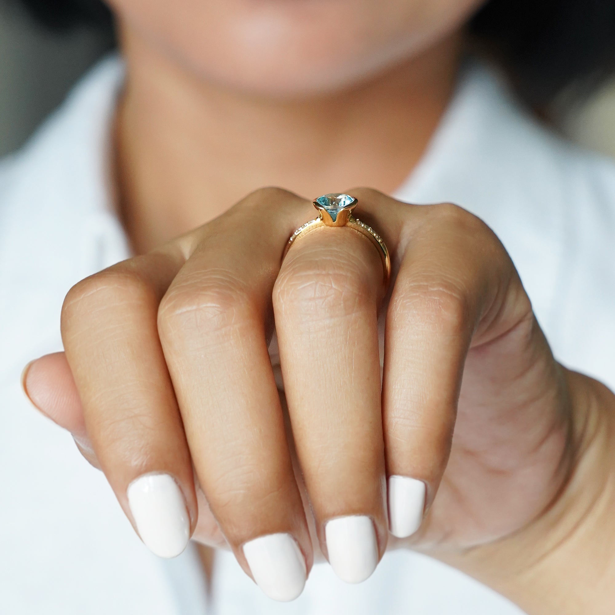 Round Blue Topaz & Diamond Ring - Solid 18K Yellow Gold | BITS OF BALI JEWELRY