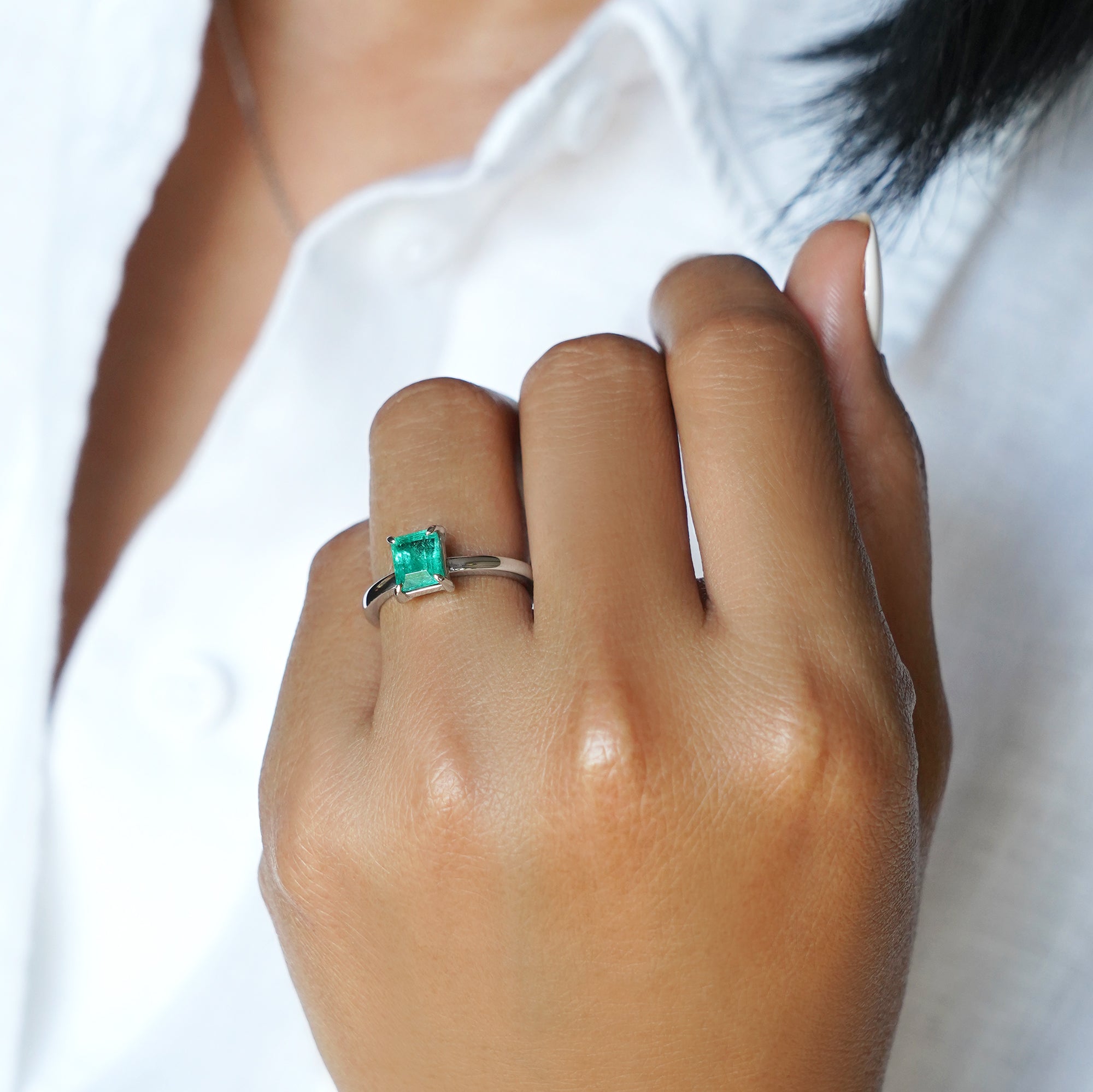 EMERALD RING - SOLID 14K WHITE GOLD