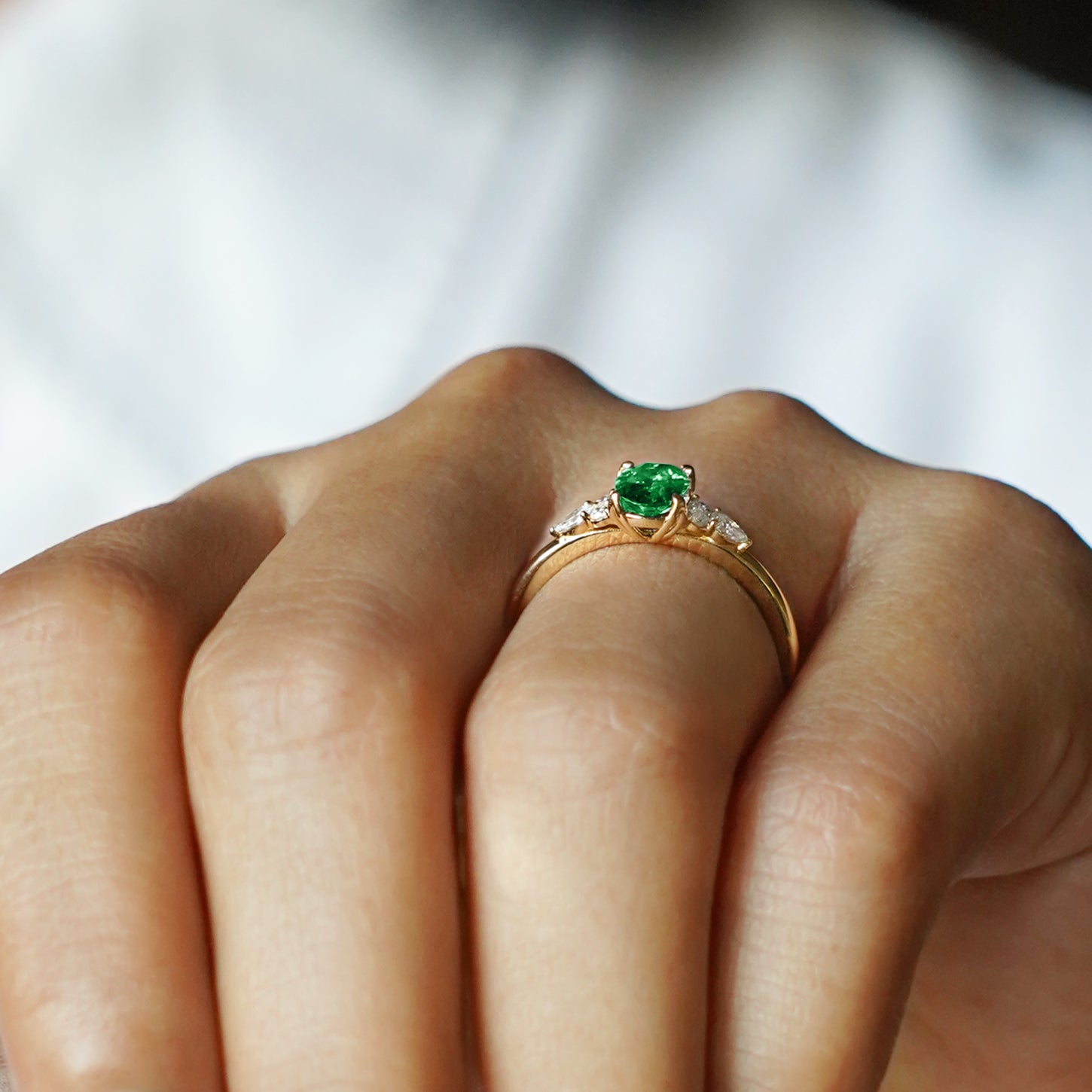 Emerald With Six Side Diamond Ring - Solid 18K Yellow Gold | BITS OF BALI JEWELRY