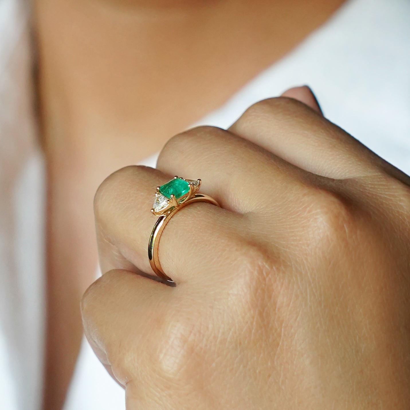 Emerald With Trillion Side Diamond Ring - Solid 14K Yellow Gold | BITS OF BALI JEWELRY