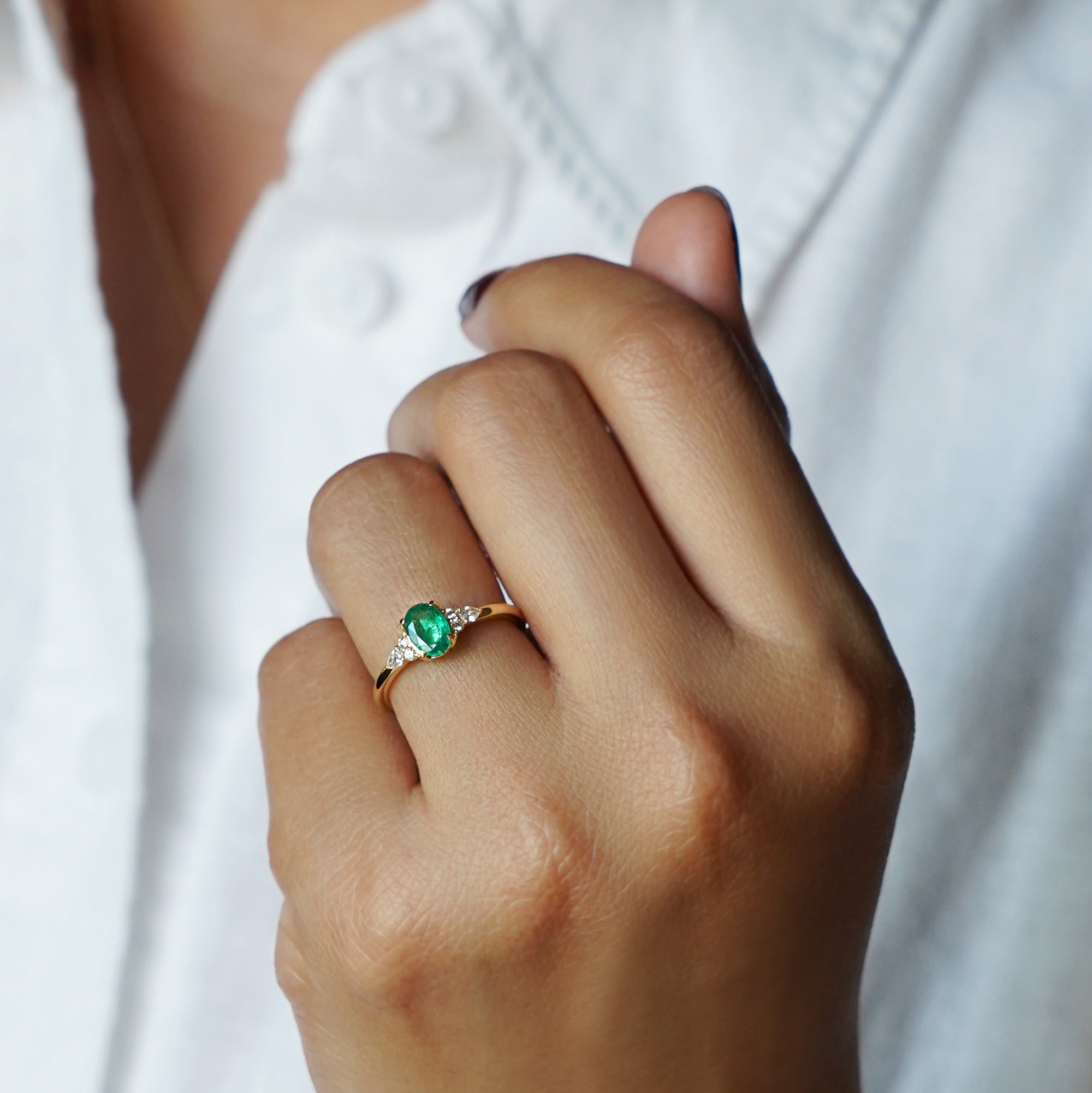 Emerald With Six Side Diamond Ring - Solid 18K Yellow Gold | BITS OF BALI JEWELRY