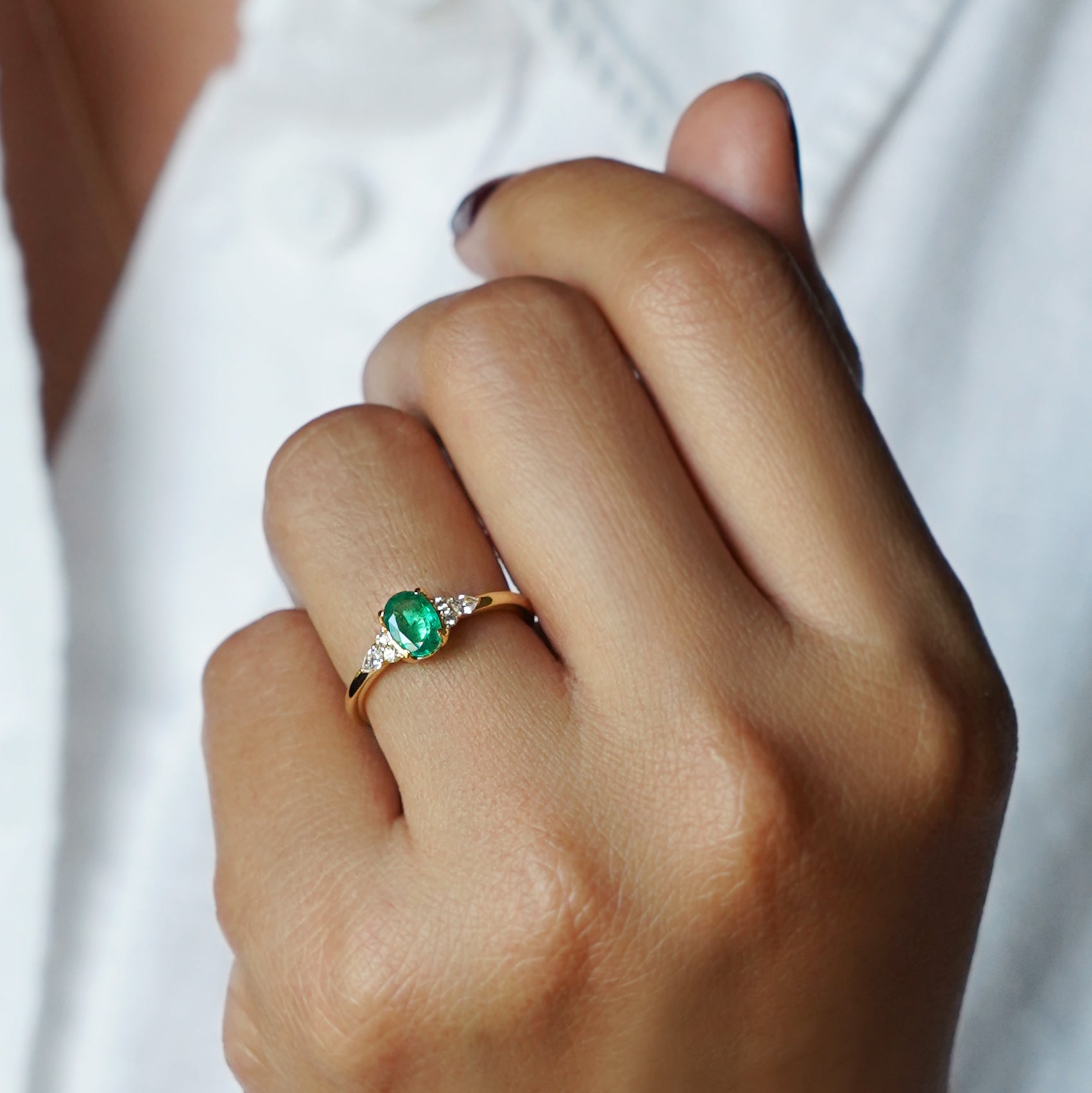 Emerald With Six Side Diamond Ring - Solid 18K Yellow Gold | BITS OF BALI JEWELRY