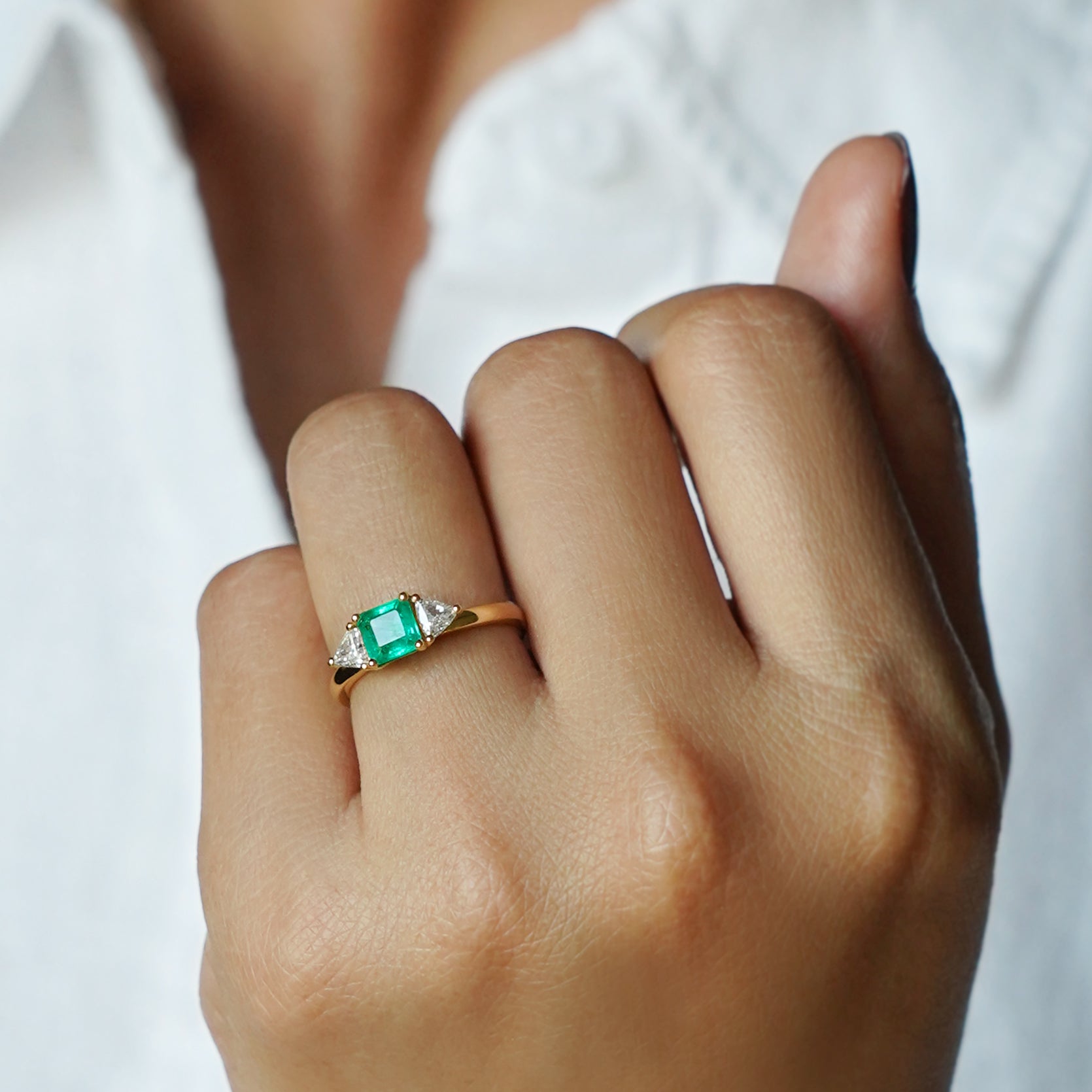 Emerald With Trillion Side Diamond Ring - Solid 14K Yellow Gold | BITS OF BALI JEWELRY