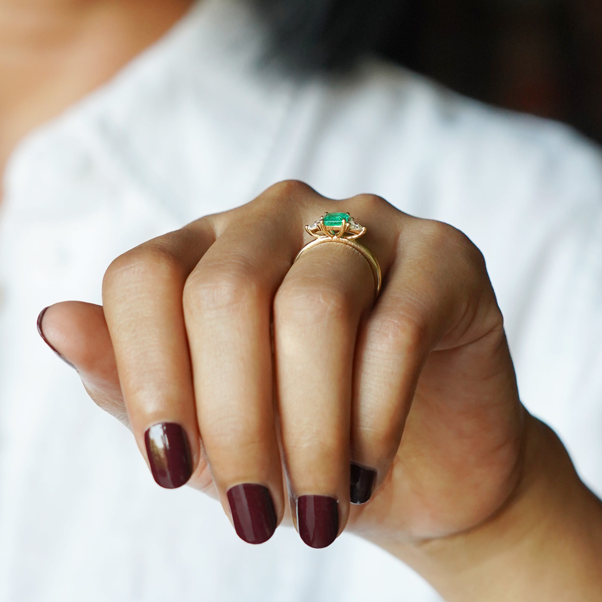 Emerald With Trillion Side Diamond Ring - Solid 14K Yellow Gold | BITS OF BALI JEWELRY