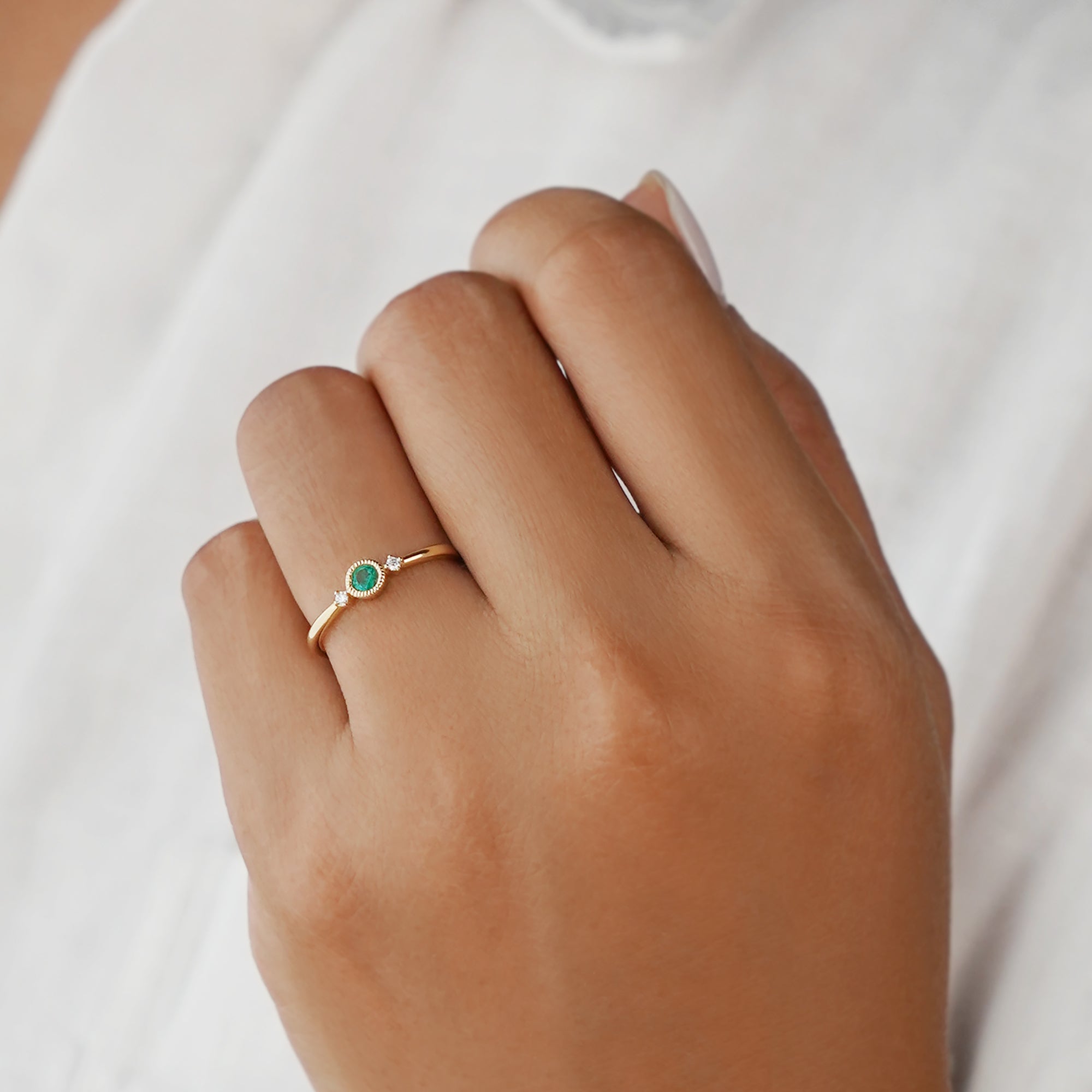 Emerald & 2 Side Diamond Ring - Solid 18K Yellow Gold | BITS OF BALI JEWELRY