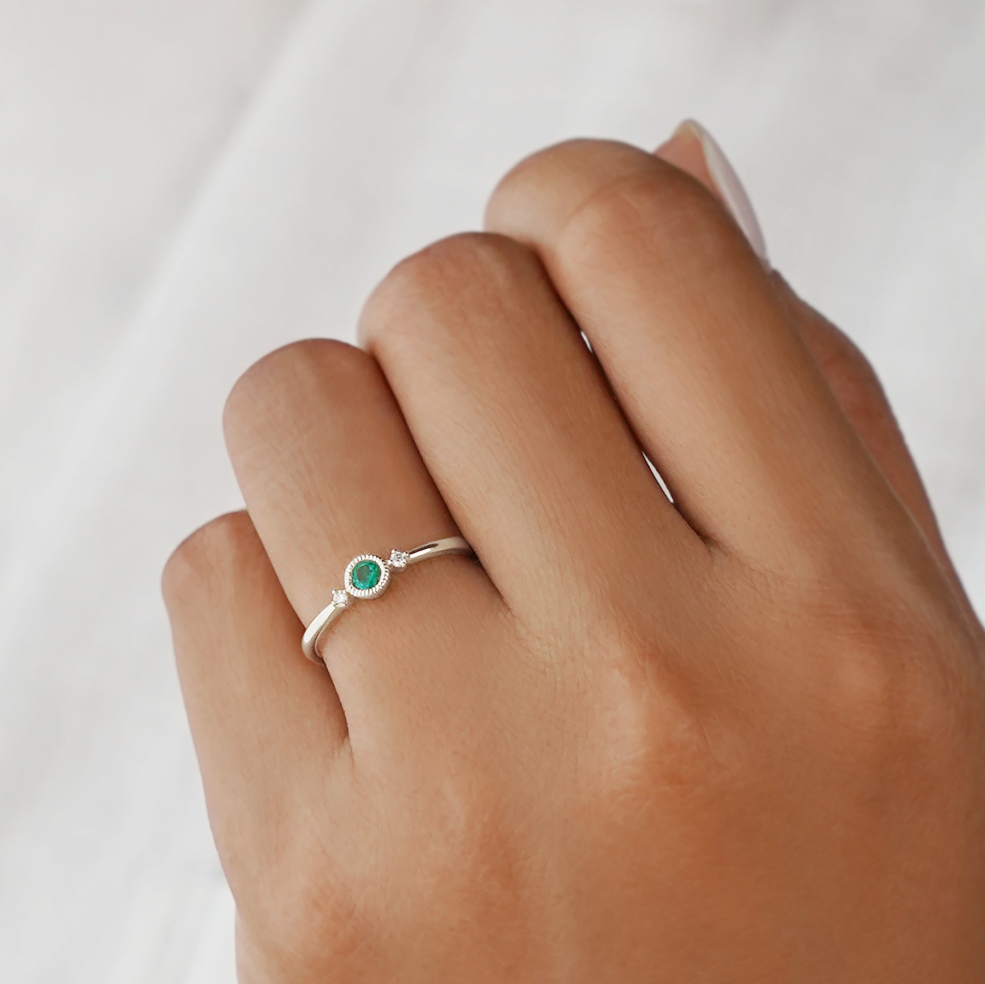 Emerald & 2 Side Diamond Ring - Solid 14k White Gold | BITS OF BALI JEWELRY