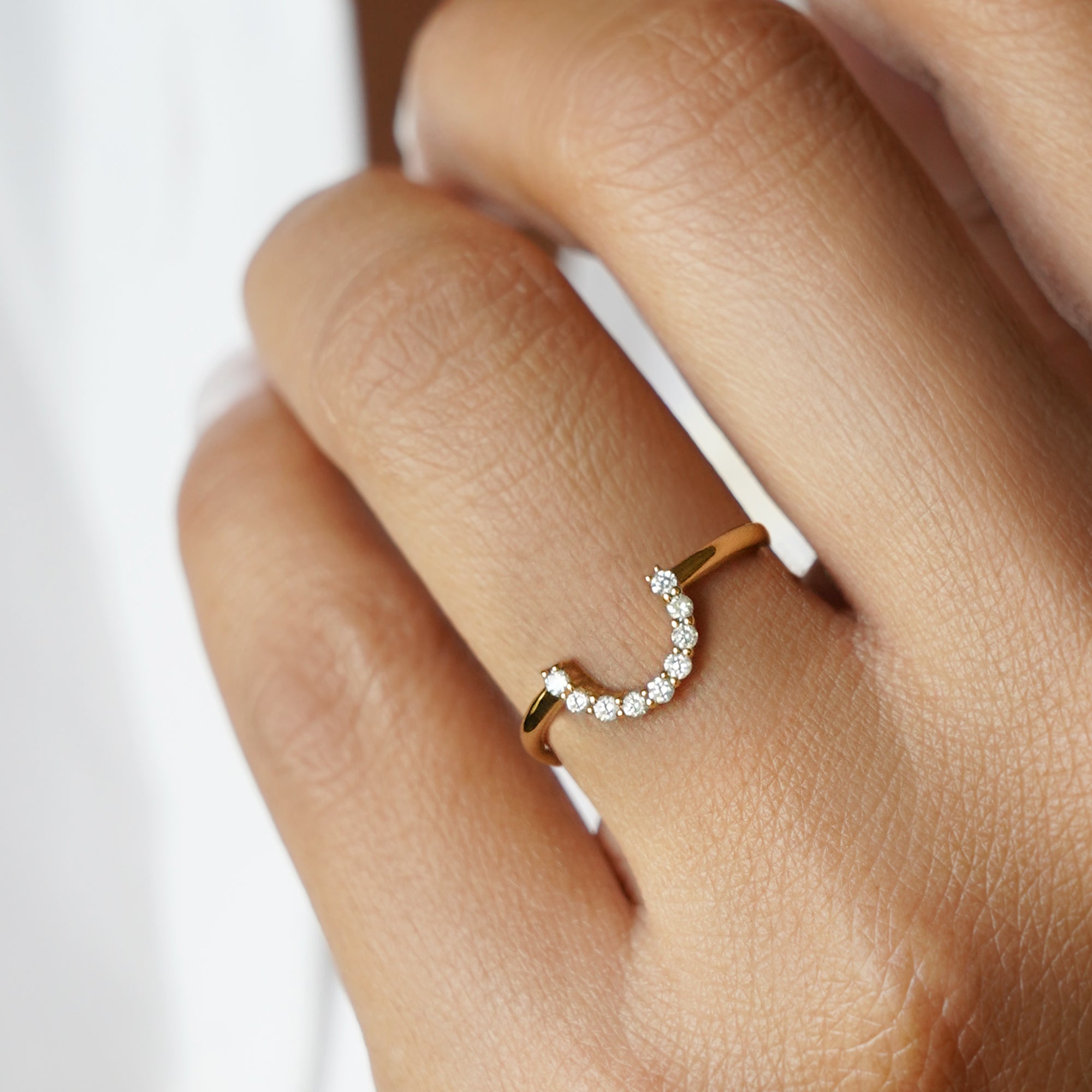 HALF CIRCLE DIAMOND RING  - SOLID 14K YELLOW GOLD