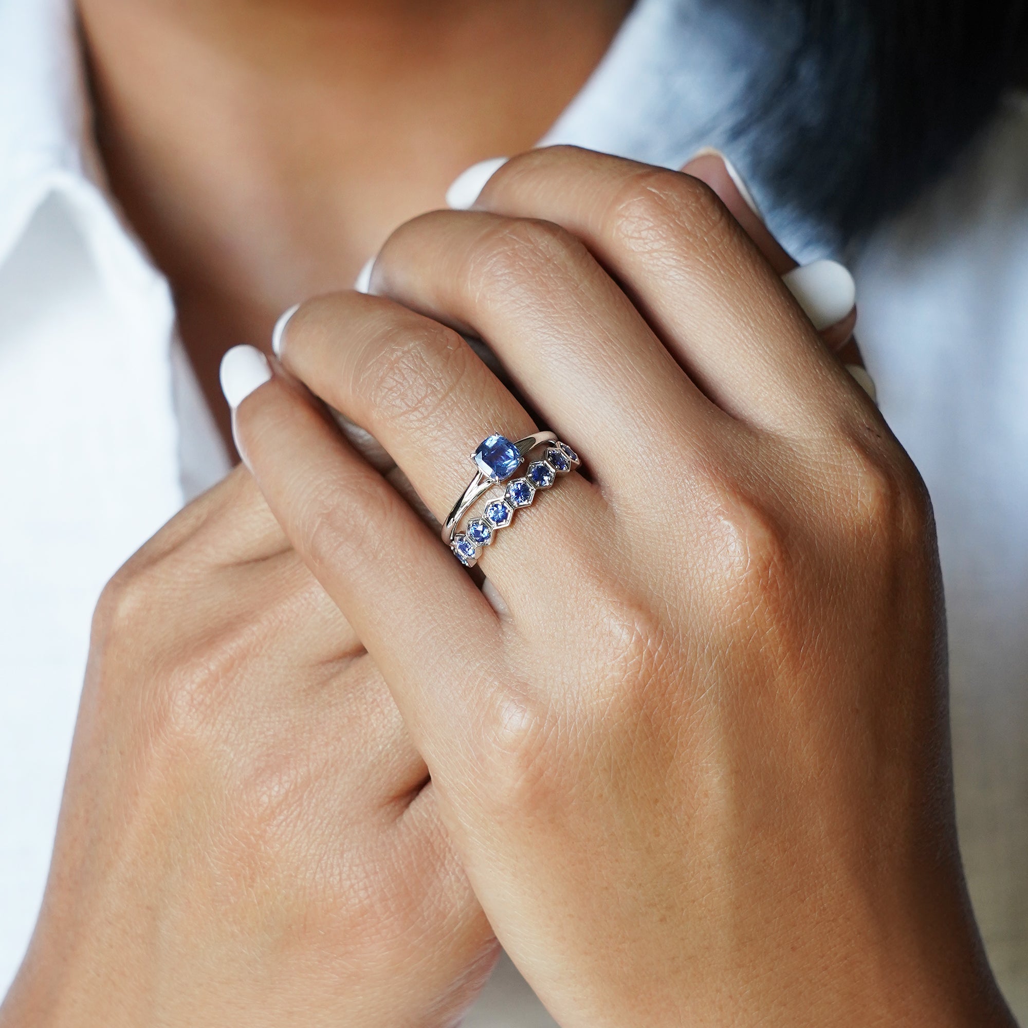 HEXAGON BLUE SAPPHIRE RING - SOLID 18K WHITE GOLD