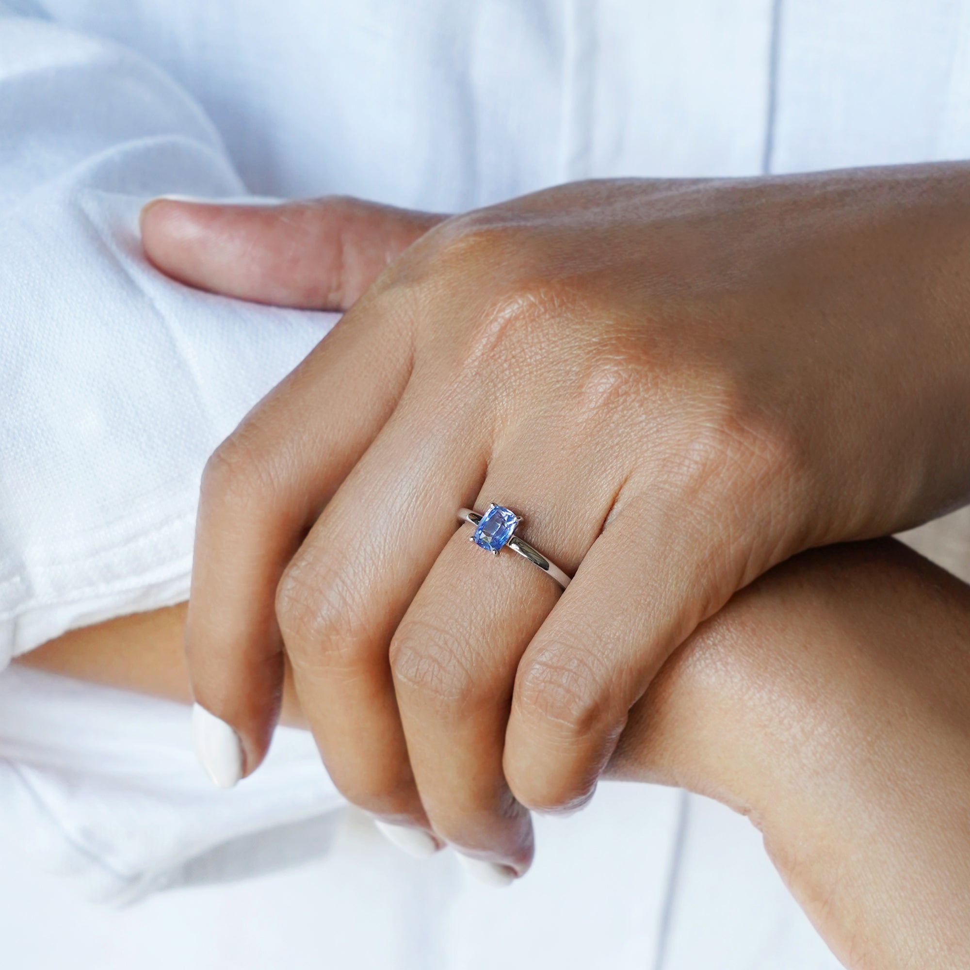 LONG CUSHION CUT BLUE SAPPHIRE RING - SOLID 14K WHITE GOLD