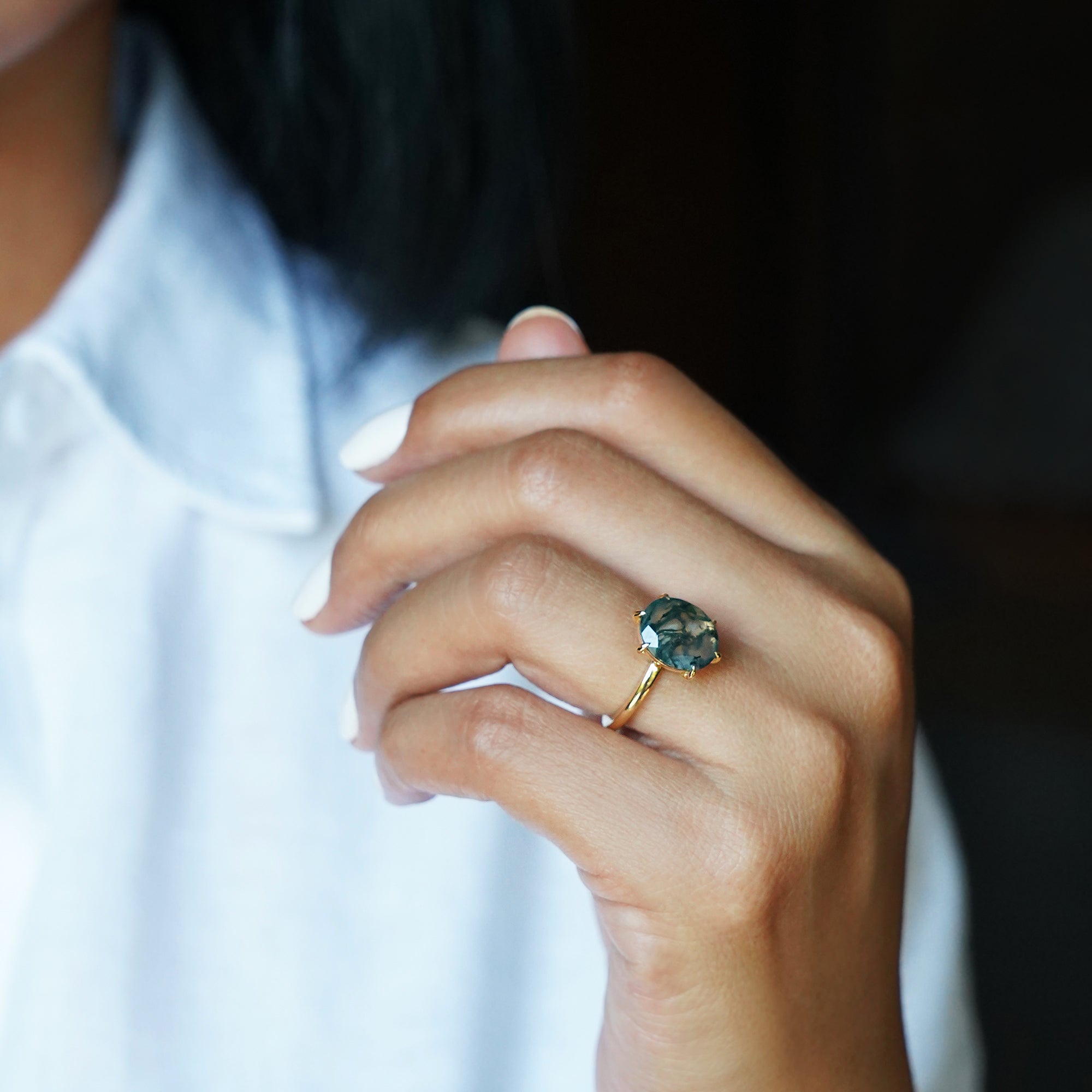 OVAL MOSS AGATE RING - SOLID 18K YELLOW GOLD