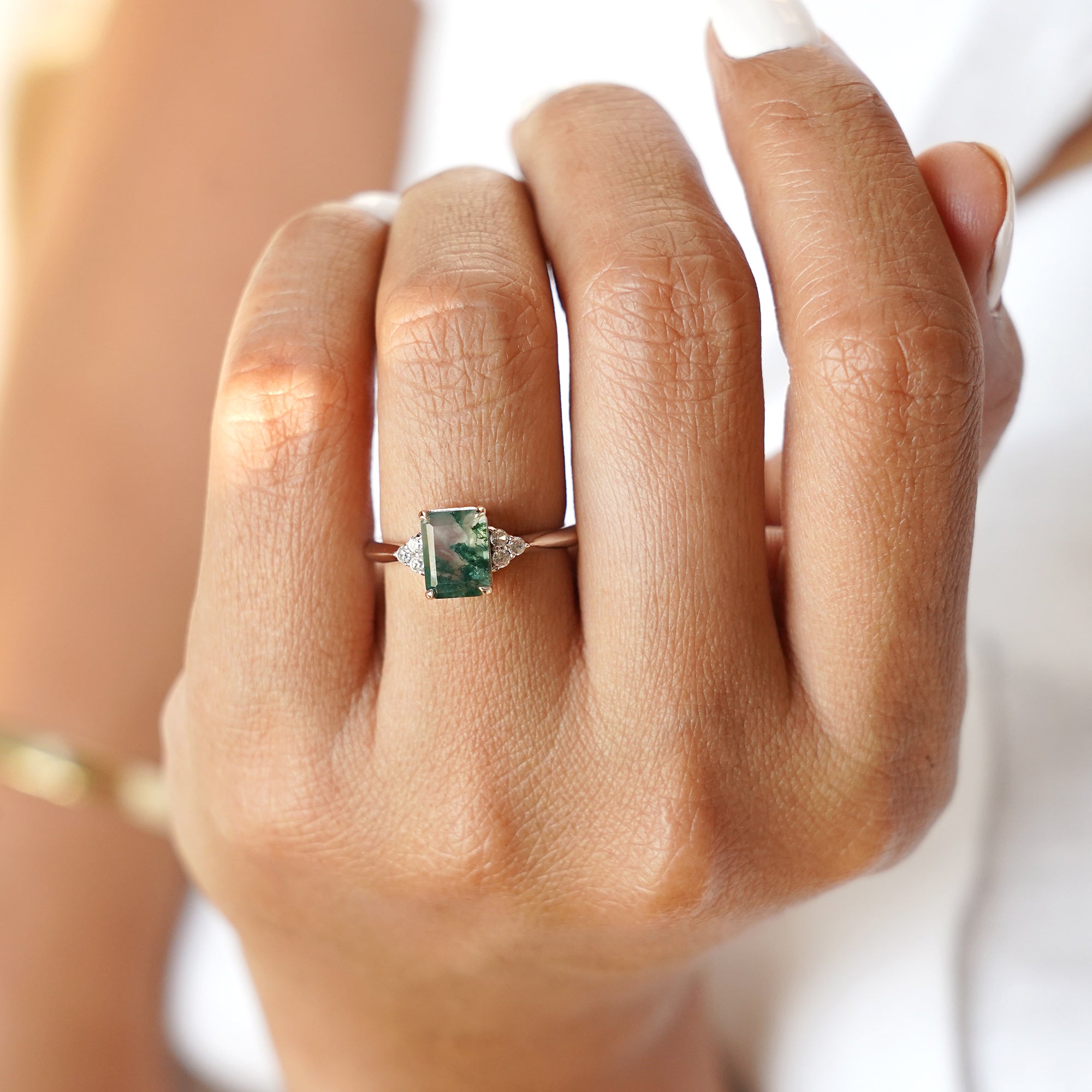 Moss Agate & Natural White Zircon Ring - Solid 14K White Gold | BITS OF BALI JEWELRY