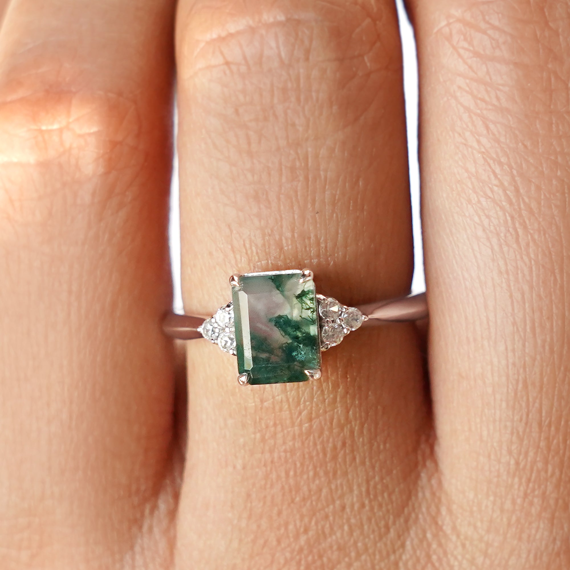 Moss Agate & Natural White Zircon Ring - Solid 14K White Gold | BITS OF BALI JEWELRY