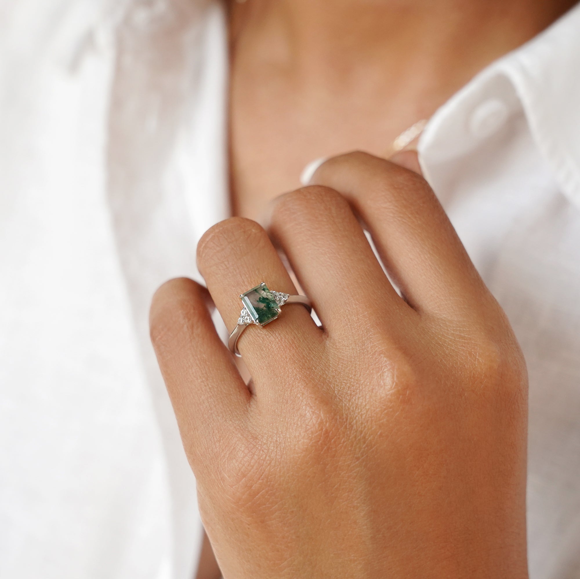 Moss Agate & Natural White Zircon Ring - Solid 14K White Gold | BITS OF BALI JEWELRY