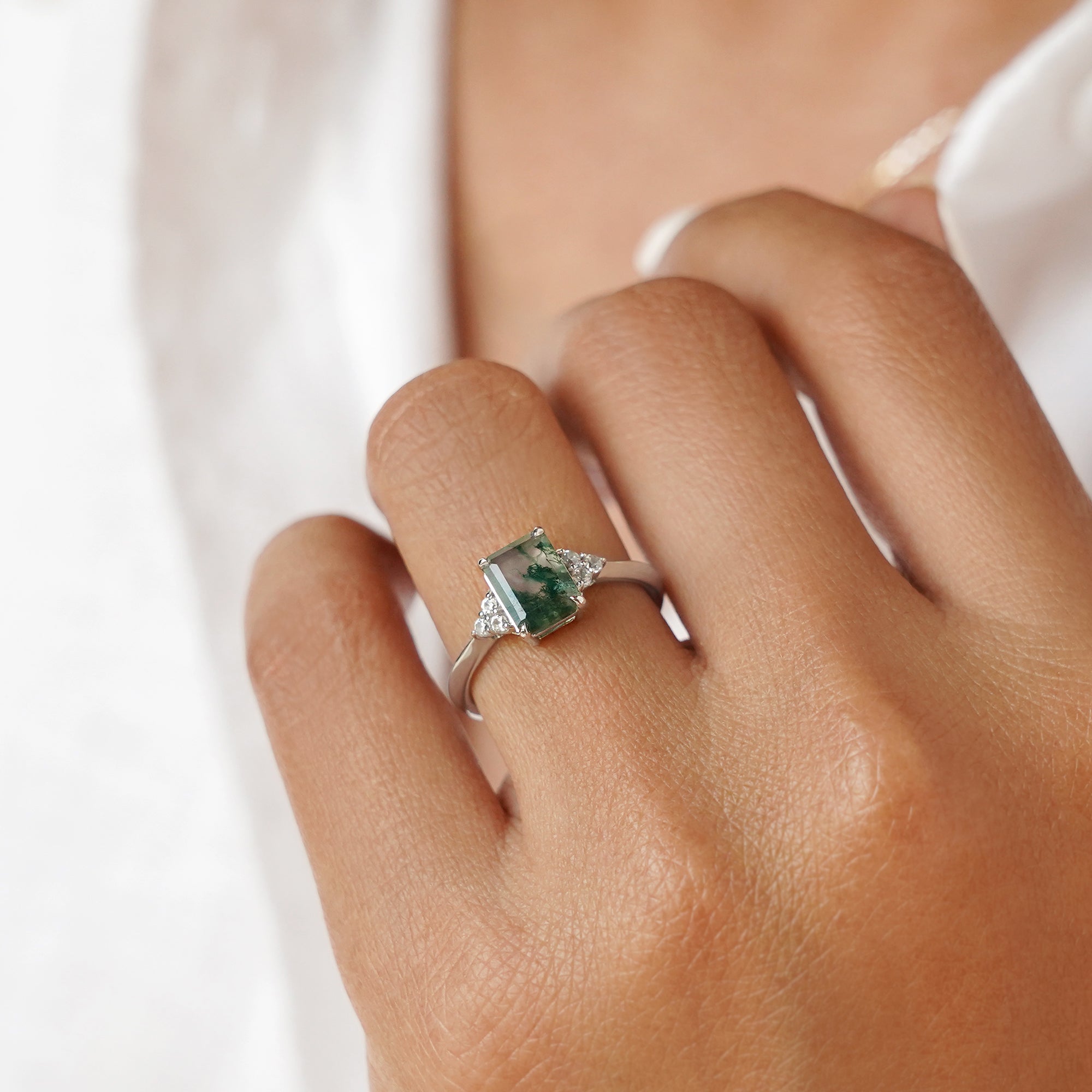 Moss Agate & Natural White Zircon Ring - Solid 14K White Gold | BITS OF BALI JEWELRY