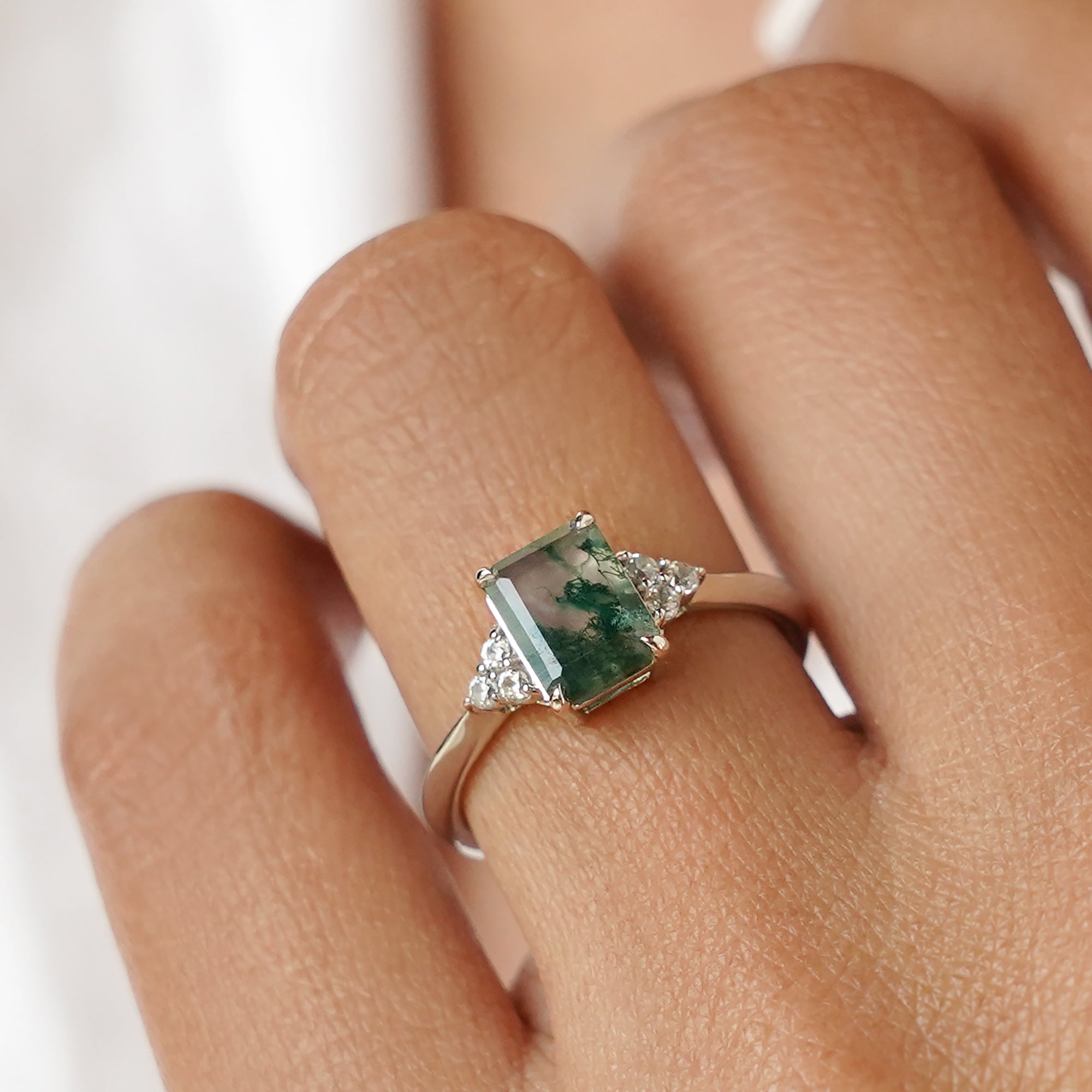 Moss Agate & Natural White Zircon Ring - Solid 14K White Gold | BITS OF BALI JEWELRY