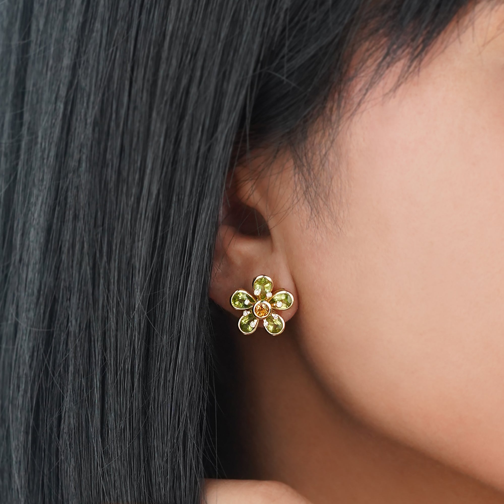 Peridot, Citrine & Diamond Flower Earrings - 18K Solid Yellow Gold | BITS OF BALI JEWELRY