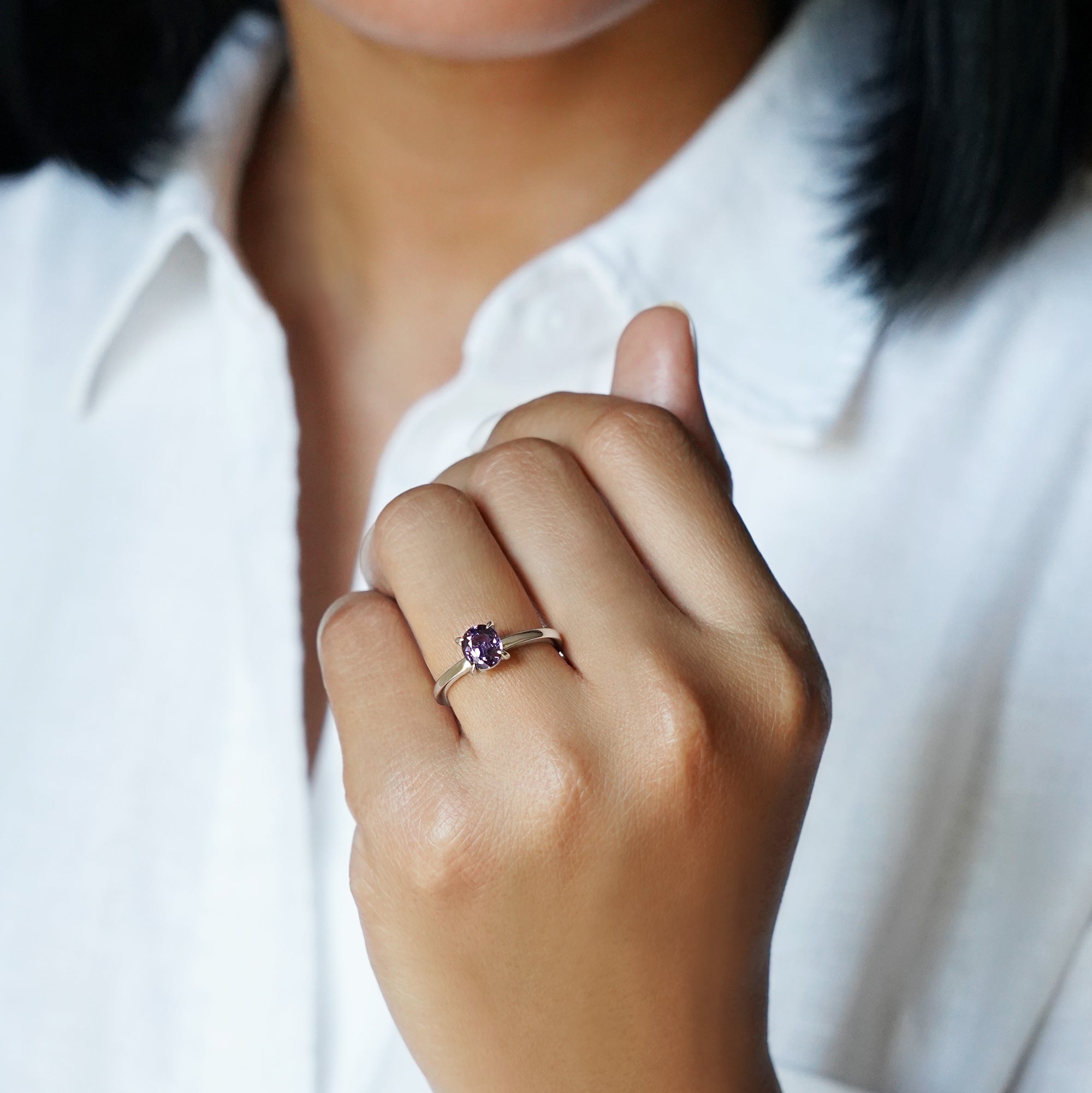 Oval Purple Sapphire Ring - Solid 14K White Gold | BITS OF BALI JEWELRY