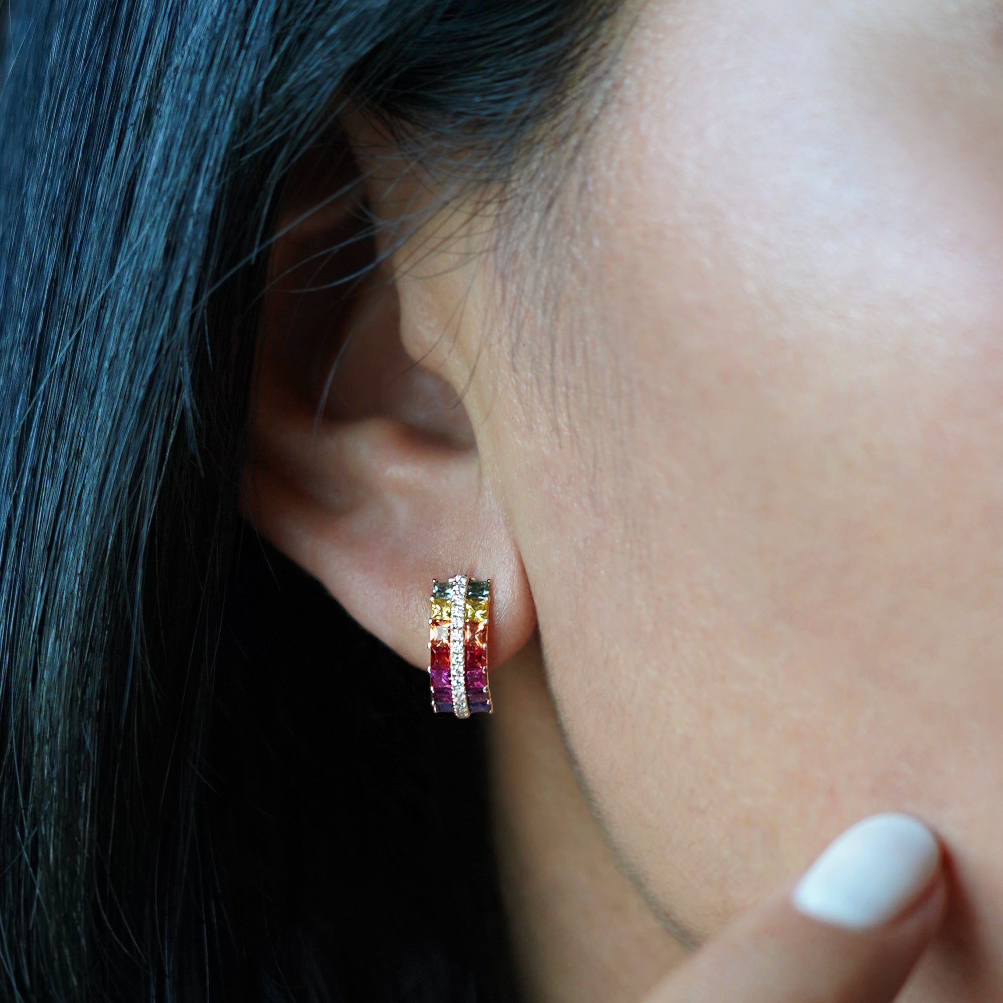 Multi Colored Rainbow Sapphire & Diamond Huggies - Solid 18K Rose Gold | BITS OF BALI JEWELRY