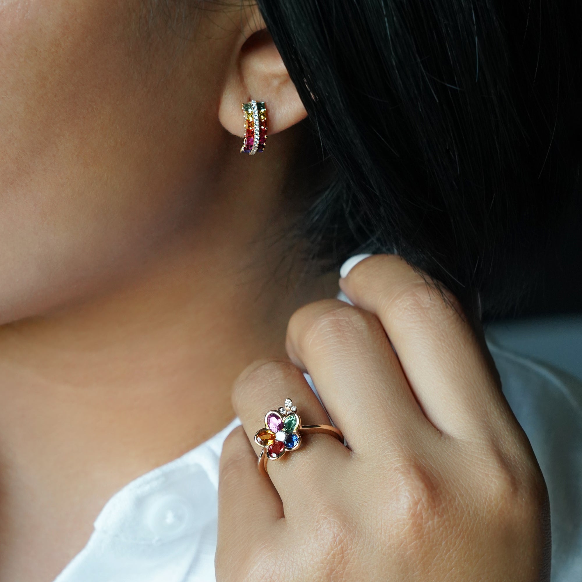 Multi Colored Rainbow Sapphire & Diamond Huggies - Solid 18K Rose Gold | BITS OF BALI JEWELRY