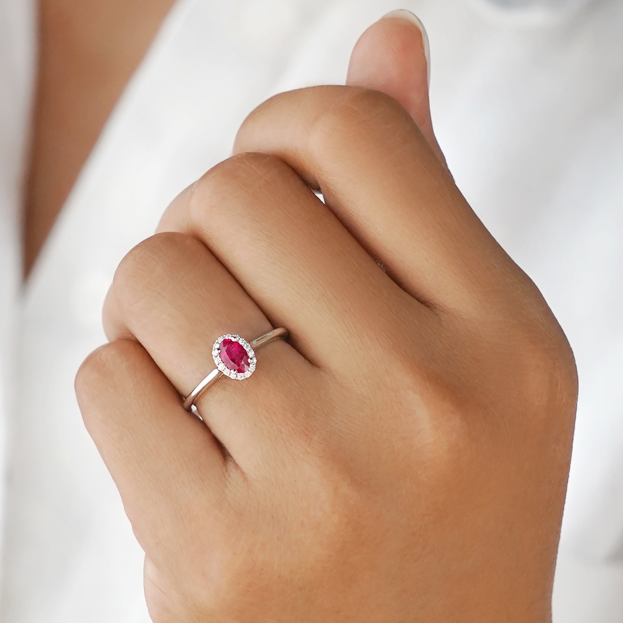 BURMESE RUBY WITH HALO DIAMOND RING - SOLID 18K WHITE GOLD