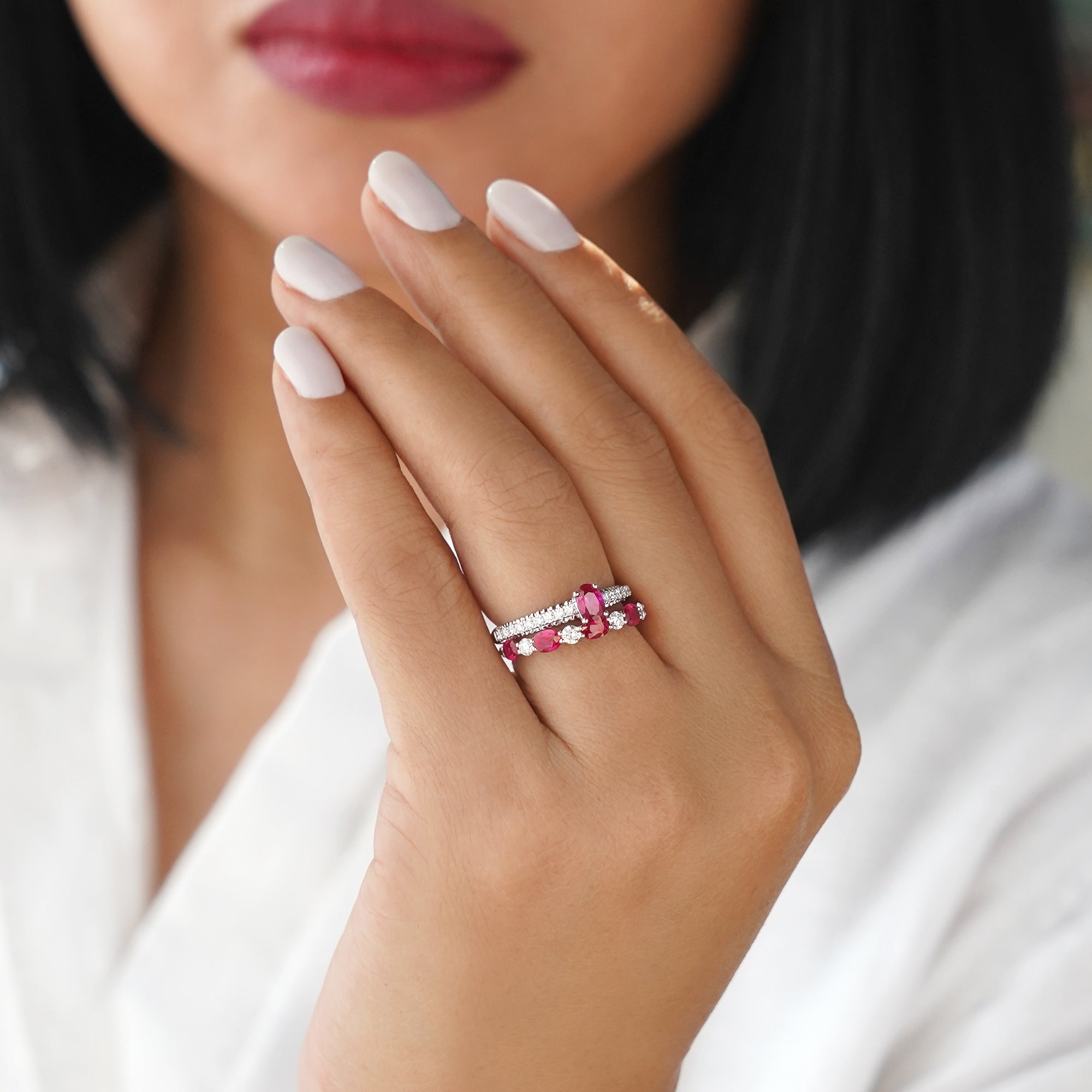 BURMESE RUBY WITH FRENCH PAVE SHANK DIAMOND RING - SOLID 18K WHITE GOLDWHITE GOLD