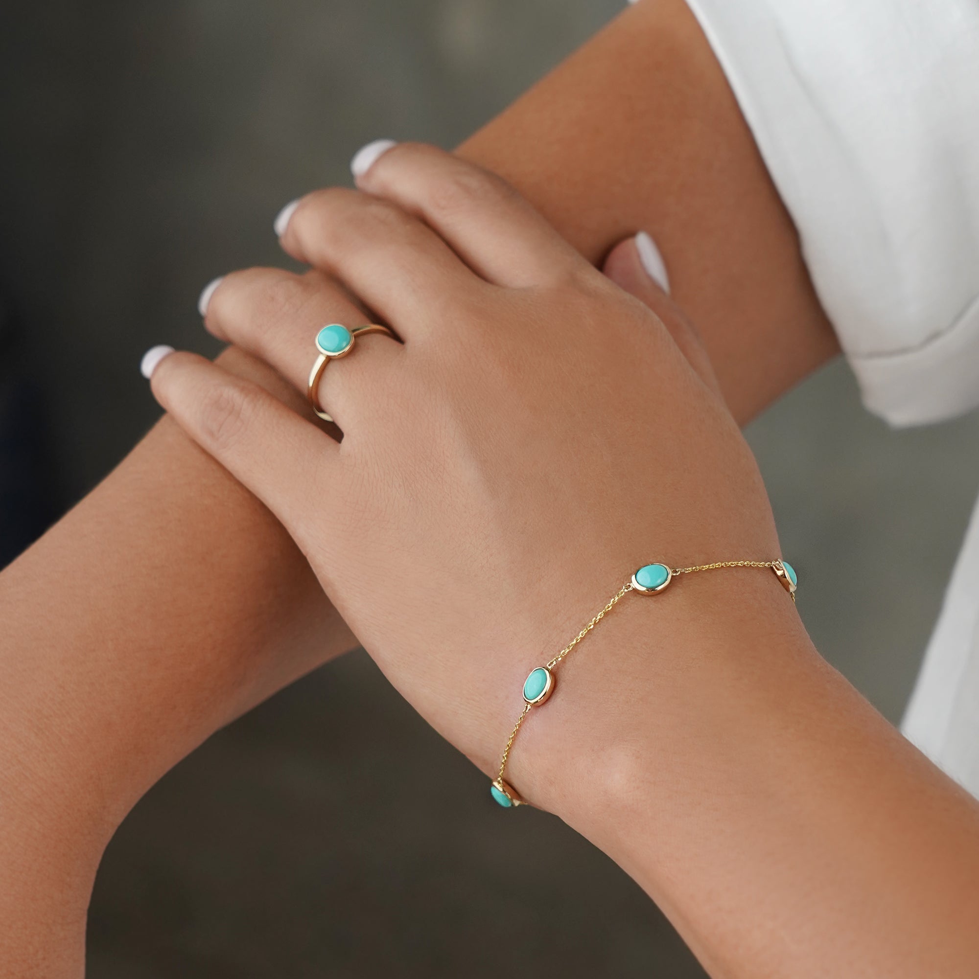 NATURAL TURQUOISE BRACELET - SOLID 14K YELLOW GOLD