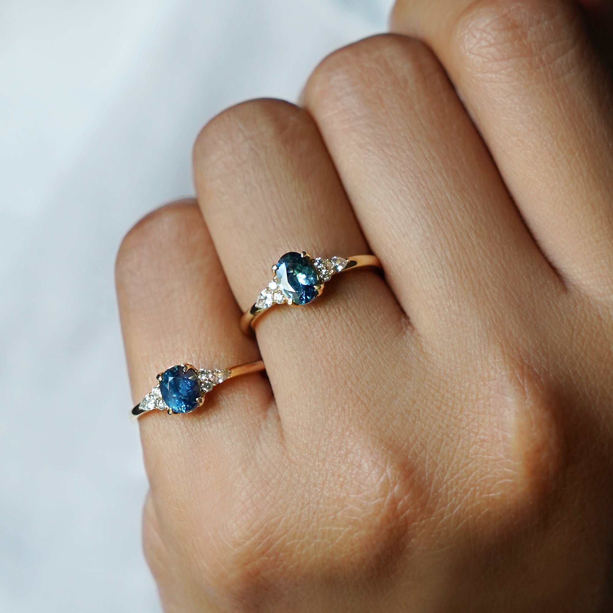 Teal Sapphire With Six Side Diamond Ring - Solid 18K Yellow Gold | BITS OF BALI JEWELRY