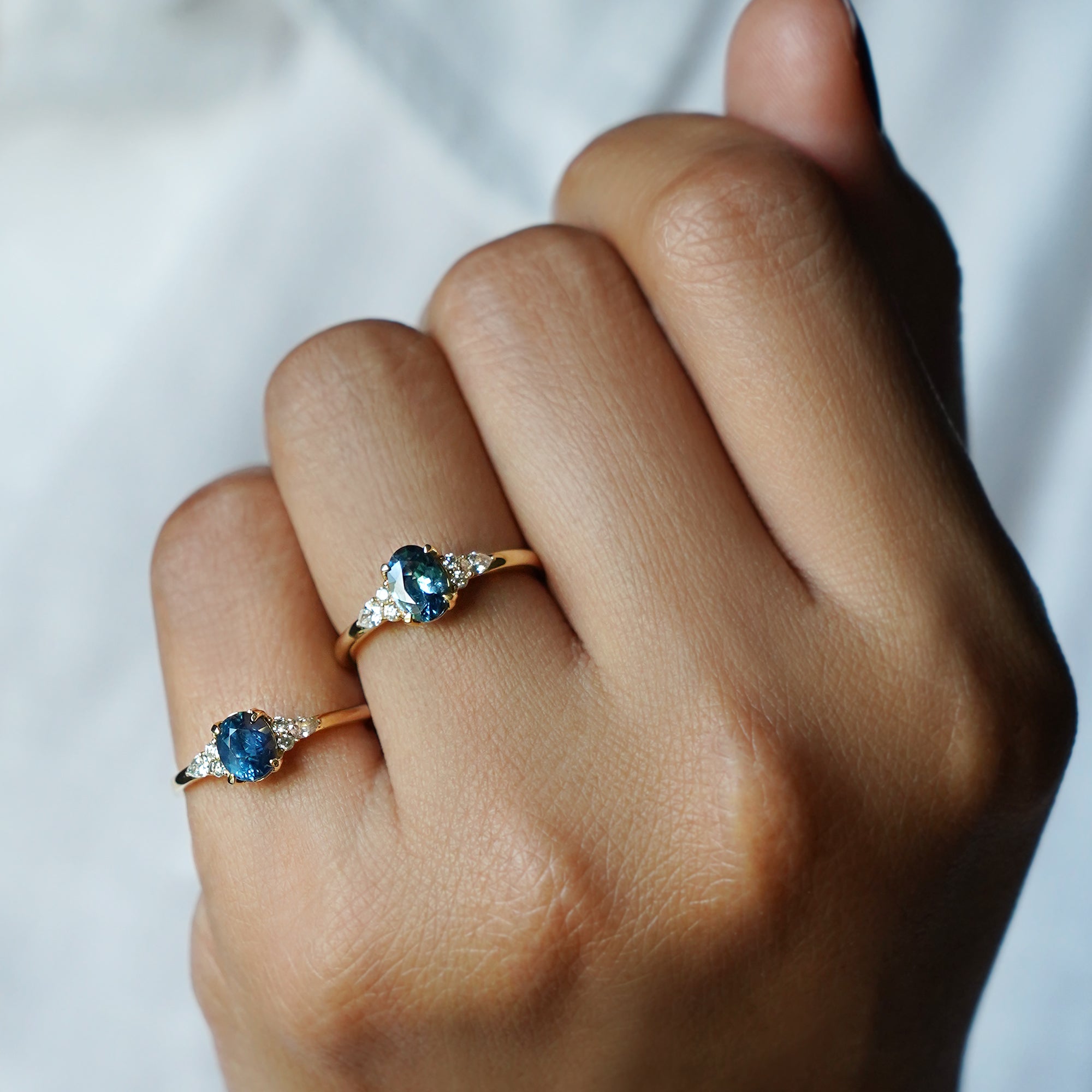 Teal Sapphire With Six Side Diamond Ring - Solid 18K Yellow Gold | BITS OF BALI JEWELRY