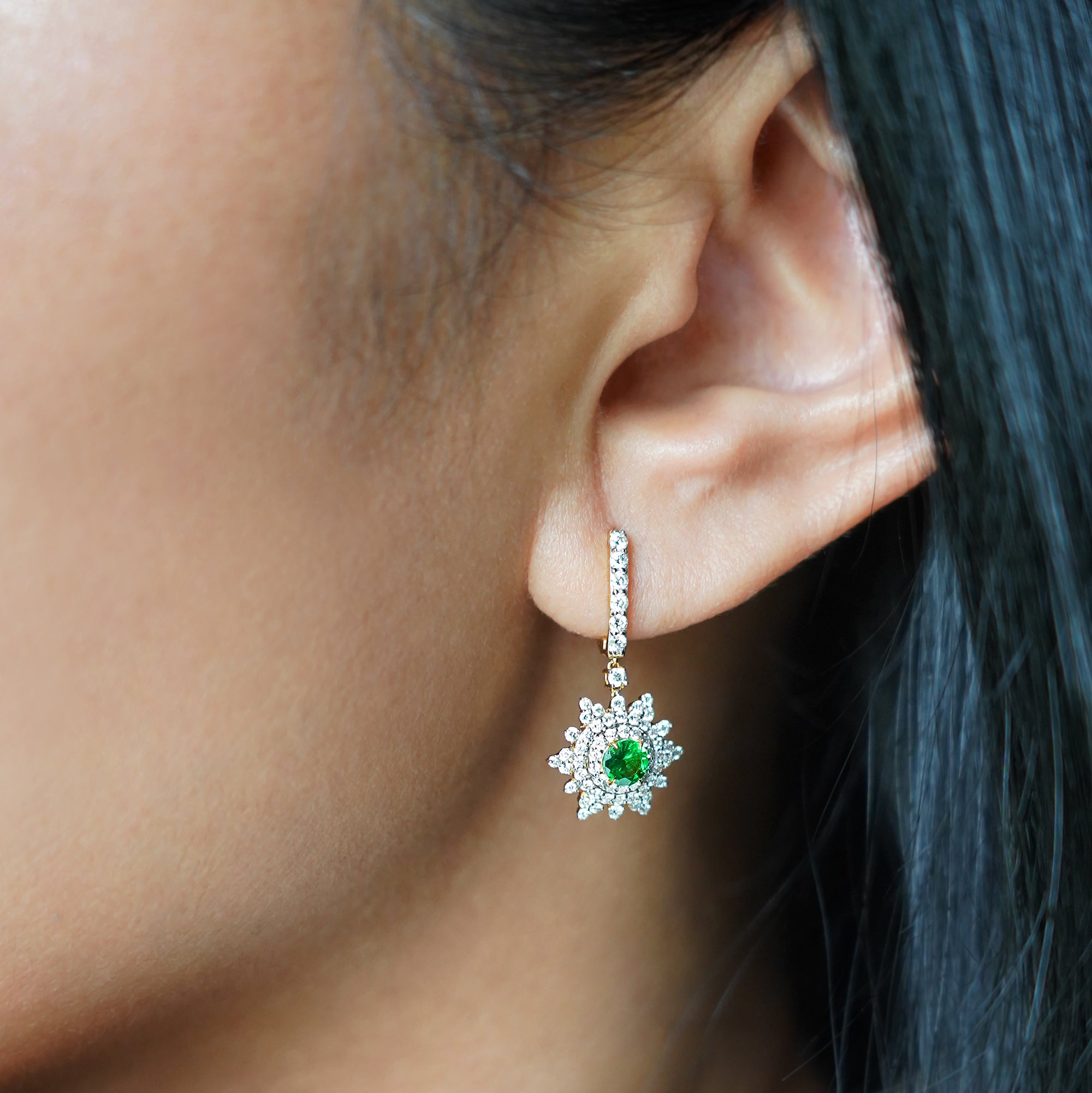 Snow Flakes Tsavorite & Diamond Earrings 16 - Solid 18K Yellow Gold | BITS OF BALI JEWELRY